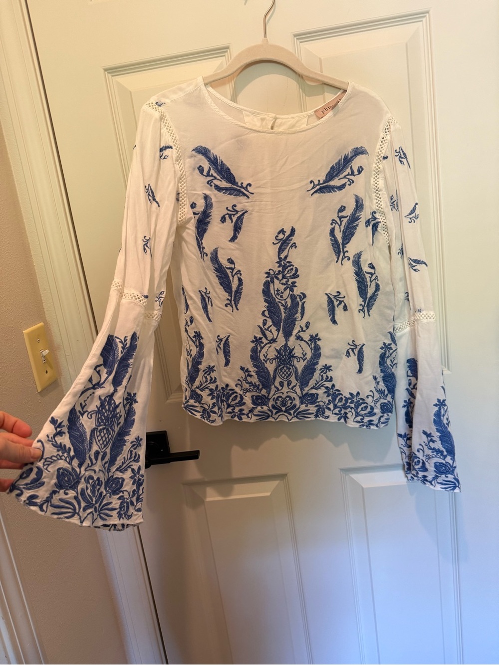 Philosophy White Blouse with Blue Embroidered Bell Sleeves